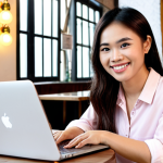 Personal Branding**

Prompt: A confident Vietnamese entrepreneur smiling warmly at the camera. She's working on a laptop at a stylish cafe in Hanoi. The background includes subtle social media icons and a professional, clean aesthetic. Focus: Conveying approachability, expertise, and a modern, tech-savvy image. Keywords: Vietnamese entrepreneur, personal brand, Hanoi cafe, confident, approachable.

**