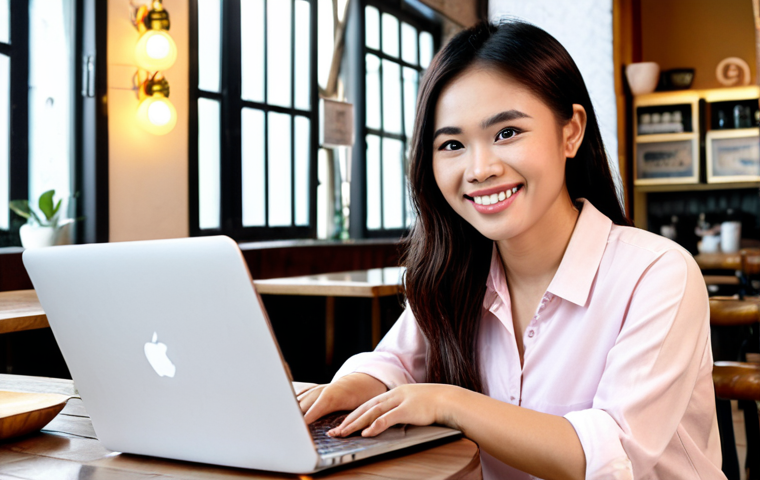 Personal Branding**

Prompt: A confident Vietnamese entrepreneur smiling warmly at the camera. She's working on a laptop at a stylish cafe in Hanoi. The background includes subtle social media icons and a professional, clean aesthetic. Focus: Conveying approachability, expertise, and a modern, tech-savvy image. Keywords: Vietnamese entrepreneur, personal brand, Hanoi cafe, confident, approachable.

**
