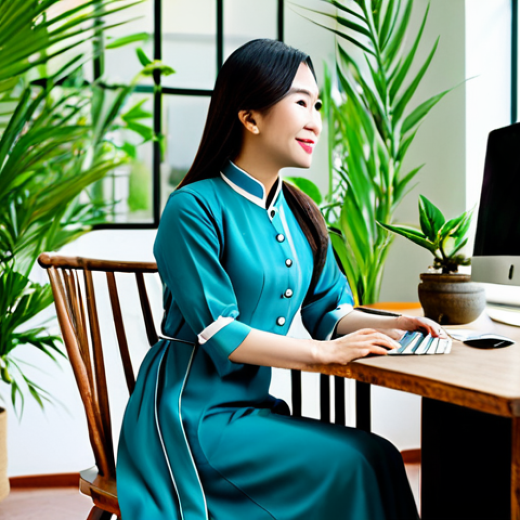Successful Vietnamese Blogger**
"A professional Vietnamese blogger, fully clothed in stylish modest Ao Dai, sitting at a traditional wooden desk in a bright, plant-filled co-working space in Hanoi, safe for work, perfect anatomy, natural proportions, family-friendly, professional photography, high quality."
**