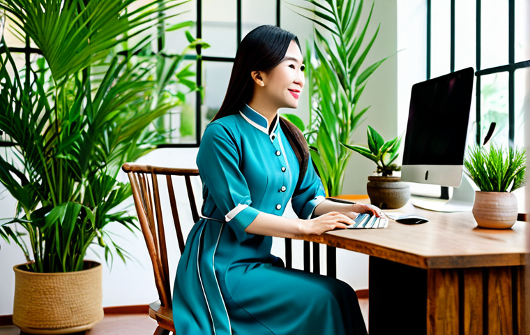 Successful Vietnamese Blogger**
"A professional Vietnamese blogger, fully clothed in stylish modest Ao Dai, sitting at a traditional wooden desk in a bright, plant-filled co-working space in Hanoi, safe for work, perfect anatomy, natural proportions, family-friendly, professional photography, high quality."
**