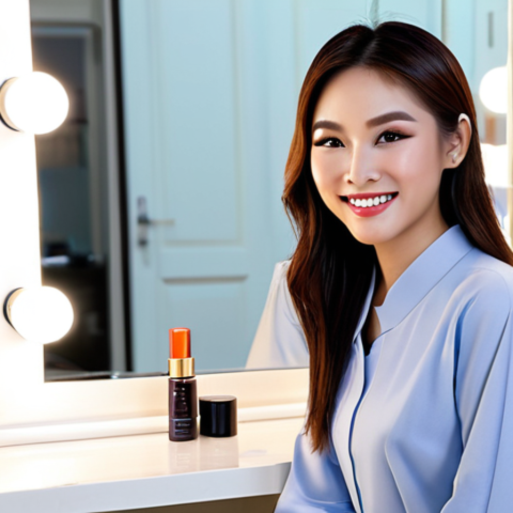 **YouTube Beauty Tutorial Still:** A Vietnamese beauty vlogger with flawless makeup, smiling warmly at the camera. She's wearing a traditional *áo dài* with modern styling. Background is a brightly lit, well-organized makeup vanity with popular Vietnamese skincare and makeup products visible. Focus on soft, diffused lighting and a friendly, approachable vibe. safe for work, appropriate content, fully clothed, professional, perfect anatomy, natural pose, high quality.
