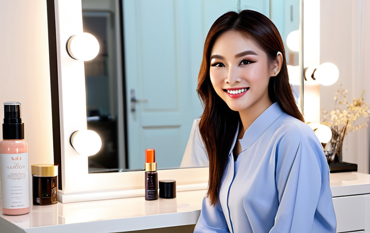 **YouTube Beauty Tutorial Still:** A Vietnamese beauty vlogger with flawless makeup, smiling warmly at the camera. She's wearing a traditional *áo dài* with modern styling. Background is a brightly lit, well-organized makeup vanity with popular Vietnamese skincare and makeup products visible. Focus on soft, diffused lighting and a friendly, approachable vibe. safe for work, appropriate content, fully clothed, professional, perfect anatomy, natural pose, high quality.