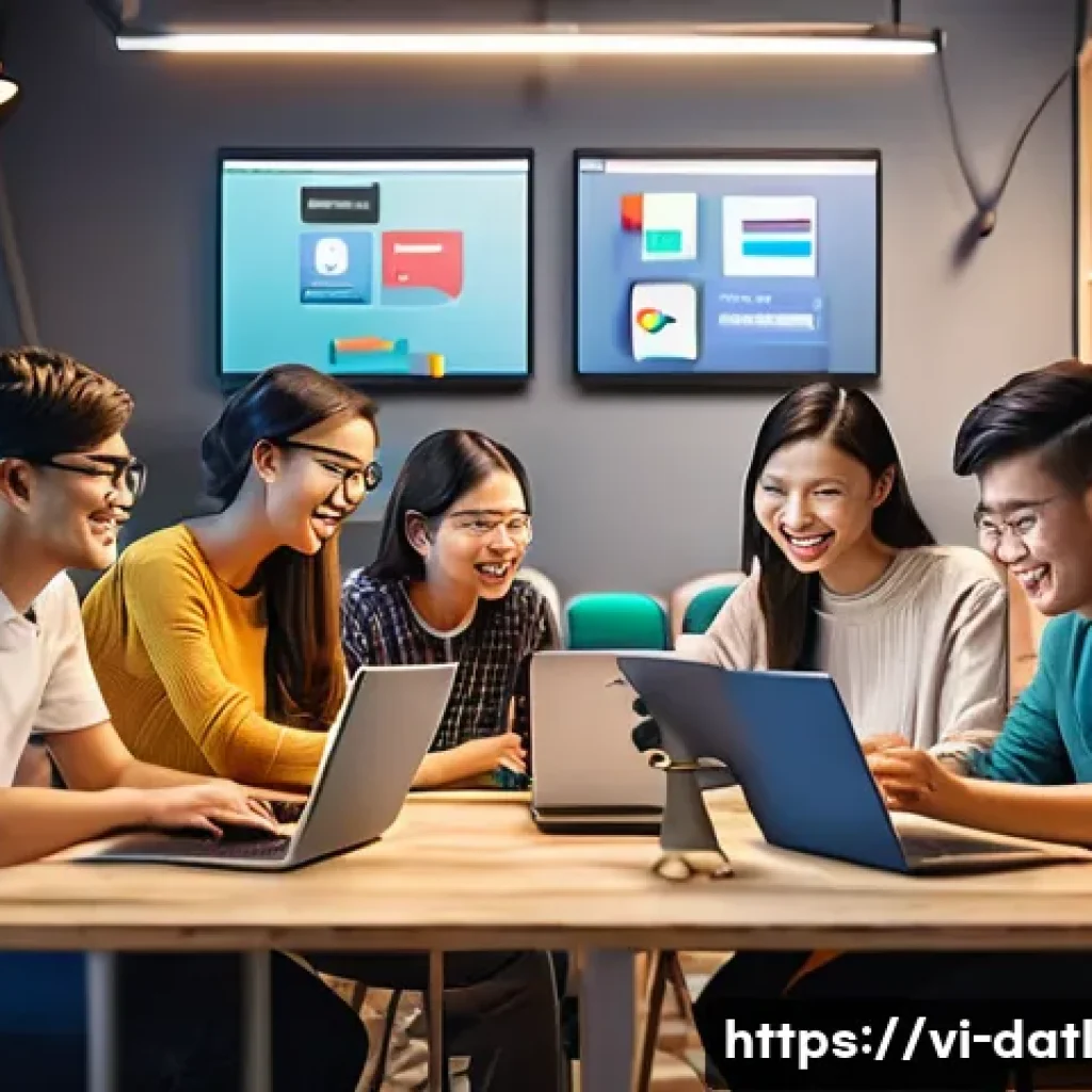 디지털 제작자 운동의 페이스북 그룹 활용 - A vibrant digital art workspace showing a diverse group of young Vietnamese content creators collabo...