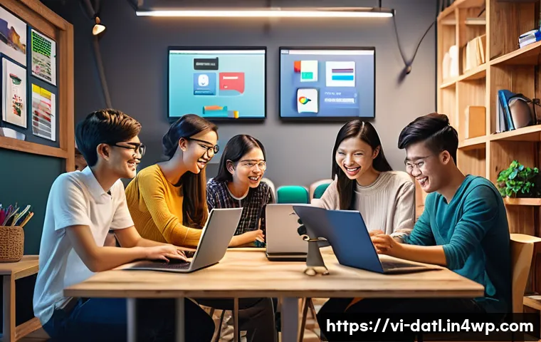 디지털 제작자 운동의 페이스북 그룹 활용 - A vibrant digital art workspace showing a diverse group of young Vietnamese content creators collabo...