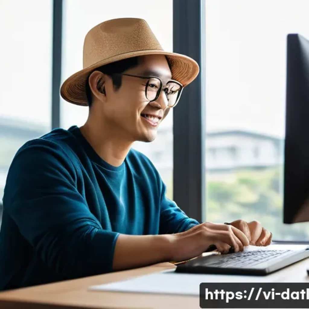 디지털 제작자 운동의 성공 사례 탐구 - A young Vietnamese digital content creator in a modern home office setting, sitting at a sleek desk ...