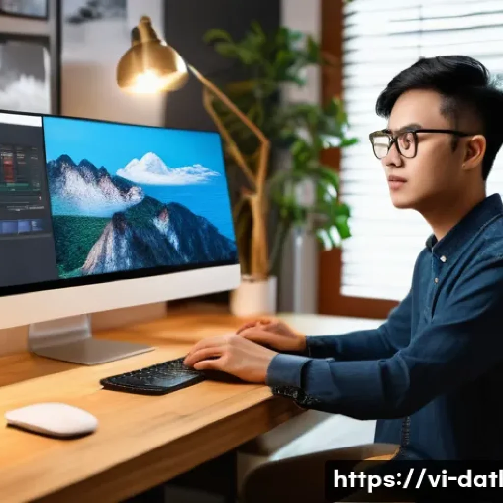 디지털 제작에서의 수익 모델 분석 - A modern digital workspace featuring a young Vietnamese content creator wearing casual clothing and ...