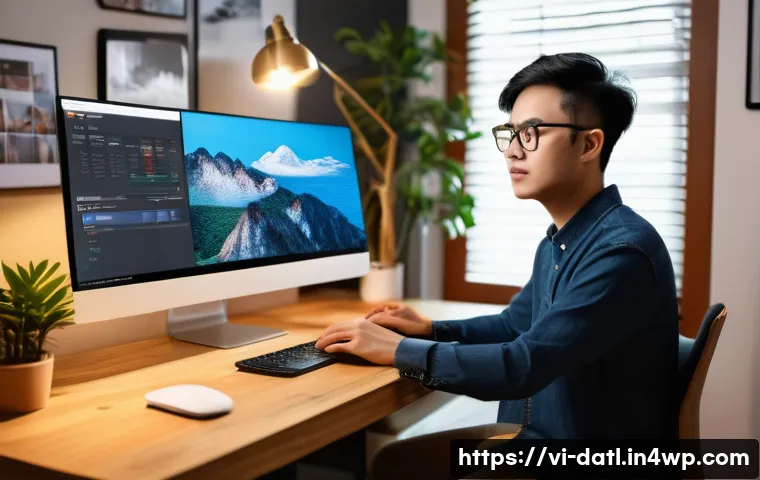 디지털 제작에서의 수익 모델 분석 - A modern digital workspace featuring a young Vietnamese content creator wearing casual clothing and ...