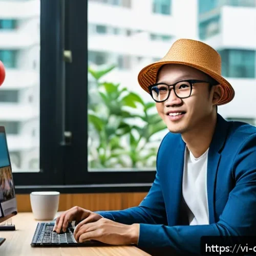 Home 32 디지털 제작자 운동의 해외 진출 전략 - A vibrant digital marketing workspace in Ho Chi Minh City featuring a young Vietnamese content creat...