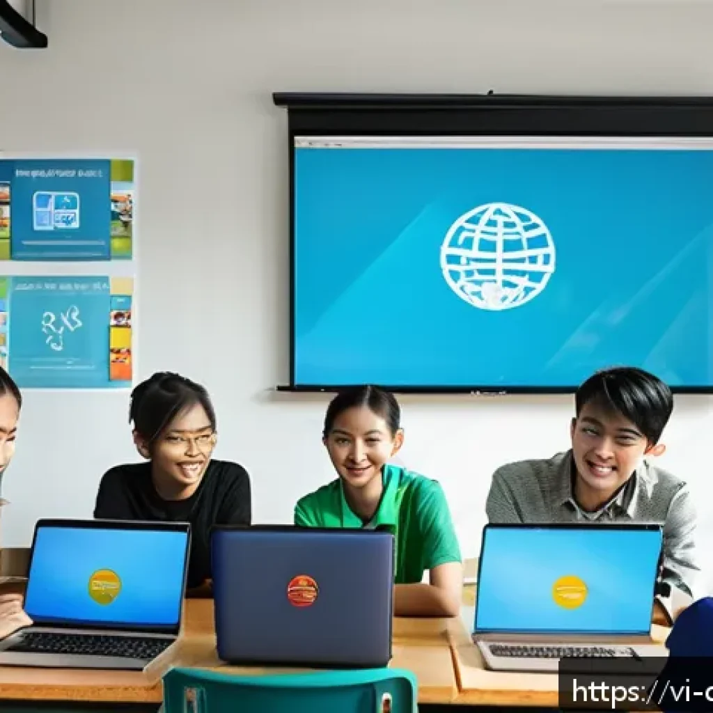 디지털 제작자 운동의 교육적 가치 - A diverse group of Vietnamese high school students collaborating on a digital project in a modern cl...