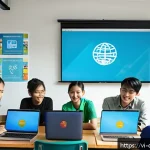 Home 19 디지털 제작자 운동의 교육적 가치 - A diverse group of Vietnamese high school students collaborating on a digital project in a modern cl...
