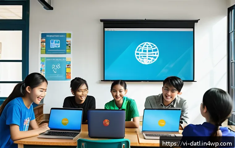 디지털 제작자 운동의 교육적 가치 - A diverse group of Vietnamese high school students collaborating on a digital project in a modern cl...