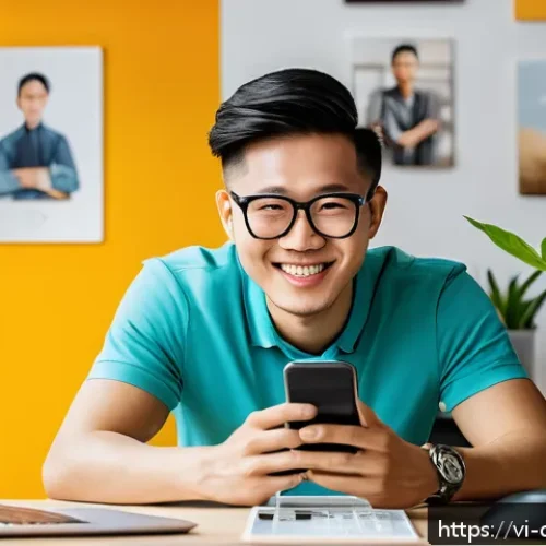 Home 30 디지털 제작자의 브랜딩 전략 - A vibrant digital workspace featuring a young Vietnamese content creator sitting at a modern desk wi...