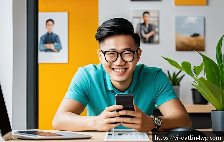 디지털 제작자의 브랜딩 전략 - A vibrant digital workspace featuring a young Vietnamese content creator sitting at a modern desk wi...