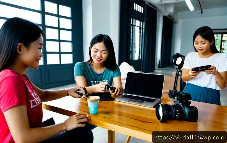 Home 17 디지털 제작자 운동의 여성 참여 증가 - Photorealistic wide-angle scene of a diverse group of Vietnamese women digital creators collaboratin...
